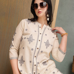 Stylum Women's Cream Solid & Embroidered Cotton Flex A-Line Kurta Pant Set (KPCREAMSAM)