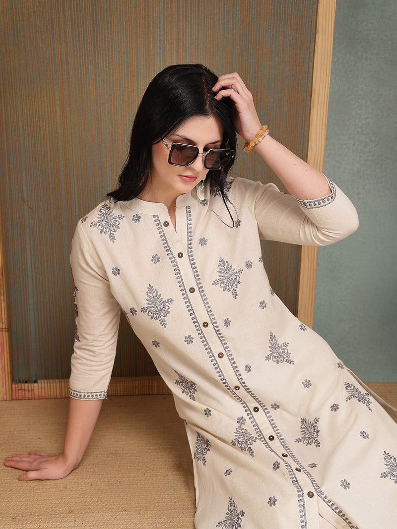 Stylum Women's Cream Solid & Embroidered Cotton Flex A-Line Kurta Pant Set (KPCREAMSAM)
