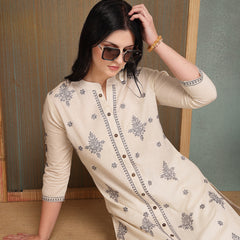Stylum Women's Cream Solid & Embroidered Cotton Flex A-Line Kurta Pant Set (KPCREAMSAM)