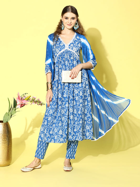 Blue Naira Cut Kurta Pant Dupatta Set