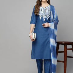 Stylum Women's Embroidered Cotton Blend Straight Kurta Pant Dupatta Set (KPDALTOZ)
