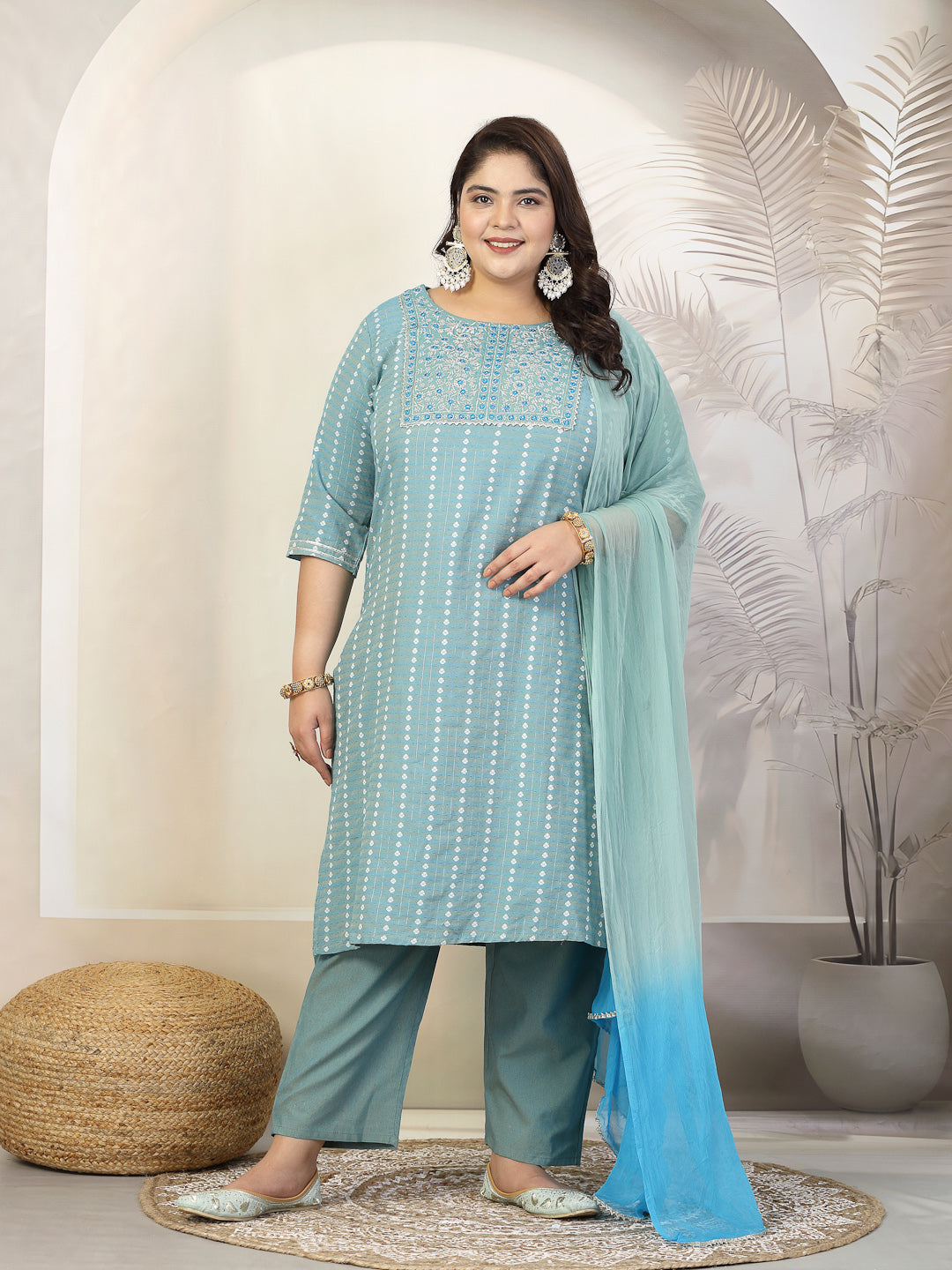 Stylum Plus Size Women Woven Design & Embroidered Cotton Blend Straight Kurta with Pant & Dupatta (KPDAQUAFOXPLUS)