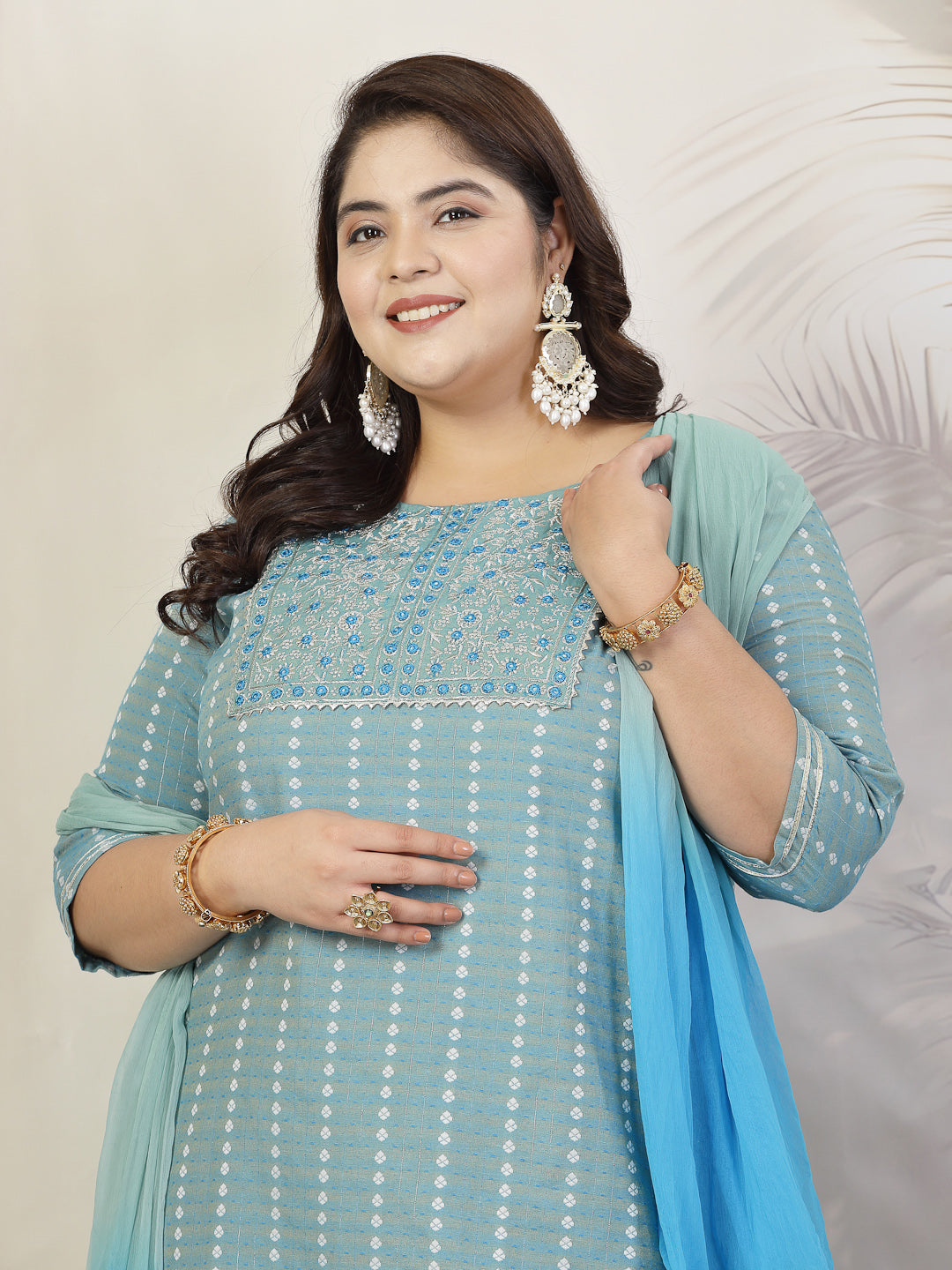 Stylum Plus Size Women Woven Design & Embroidered Cotton Blend Straight Kurta with Pant & Dupatta (KPDAQUAFOXPLUS)