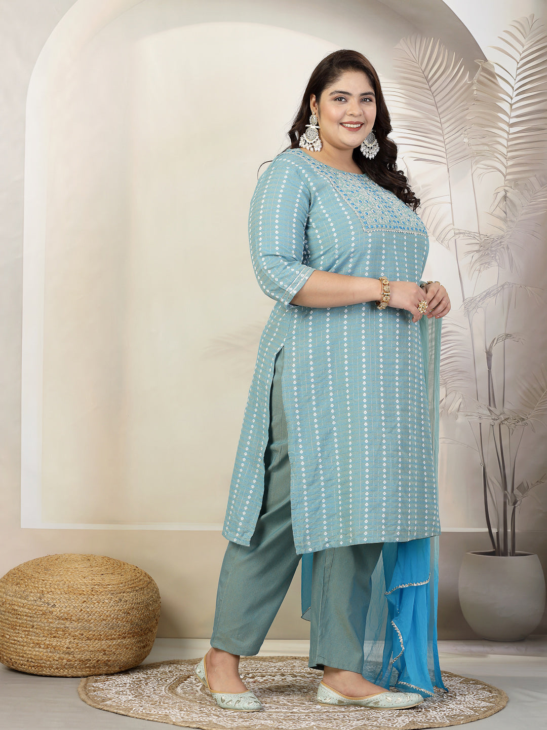 Stylum Plus Size Women Woven Design & Embroidered Cotton Blend Straight Kurta with Pant & Dupatta (KPDAQUAFOXPLUS)