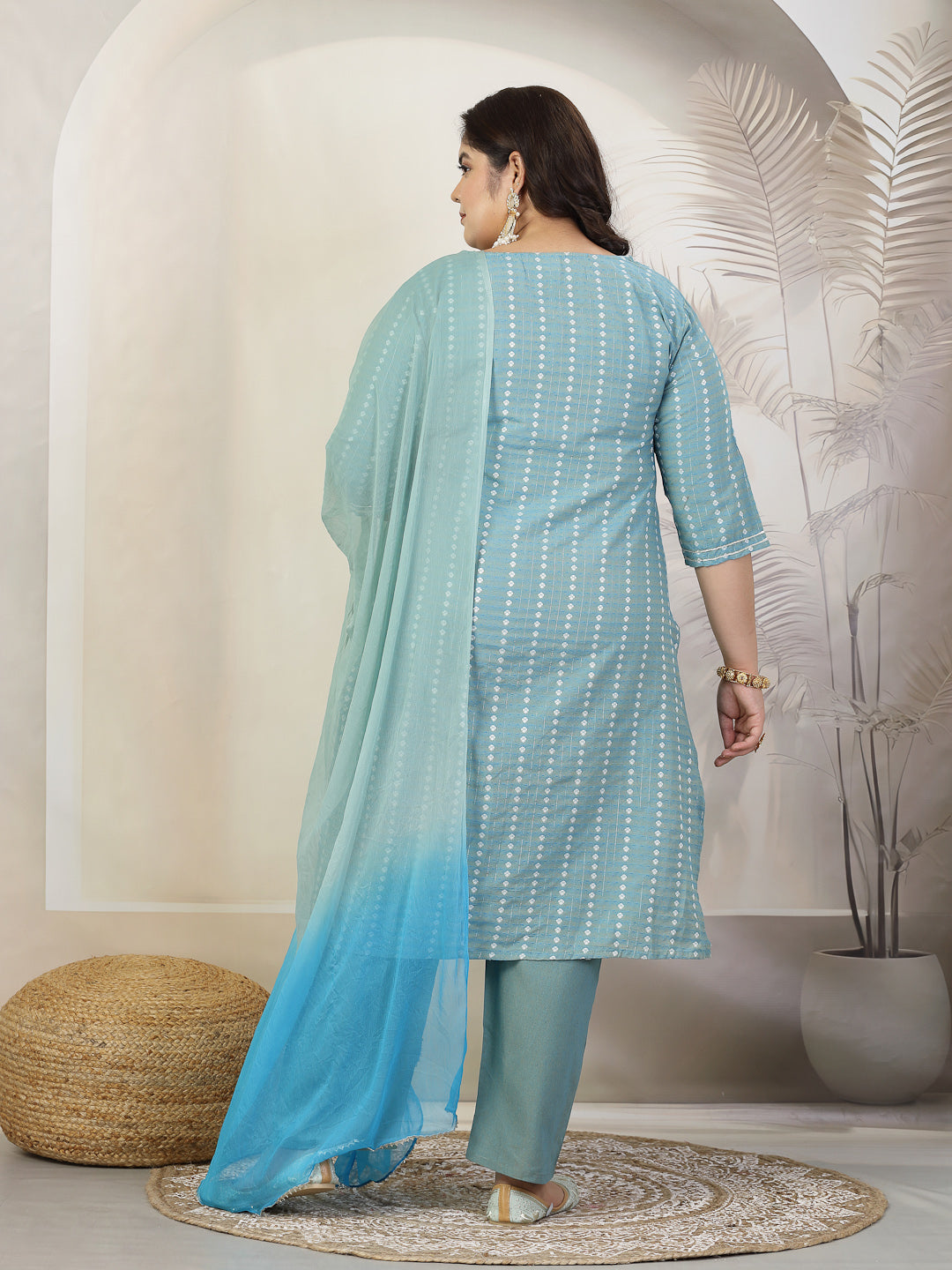 Stylum Plus Size Women Woven Design & Embroidered Cotton Blend Straight Kurta with Pant & Dupatta (KPDAQUAFOXPLUS)