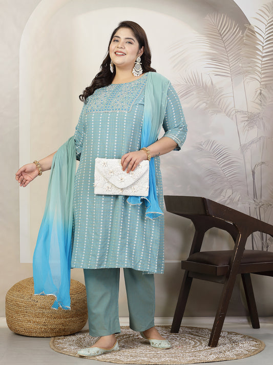 Stylum Plus Size Women Woven Design & Embroidered Cotton Blend Straight Kurta with Pant & Dupatta (KPDAQUAFOXPLUS)