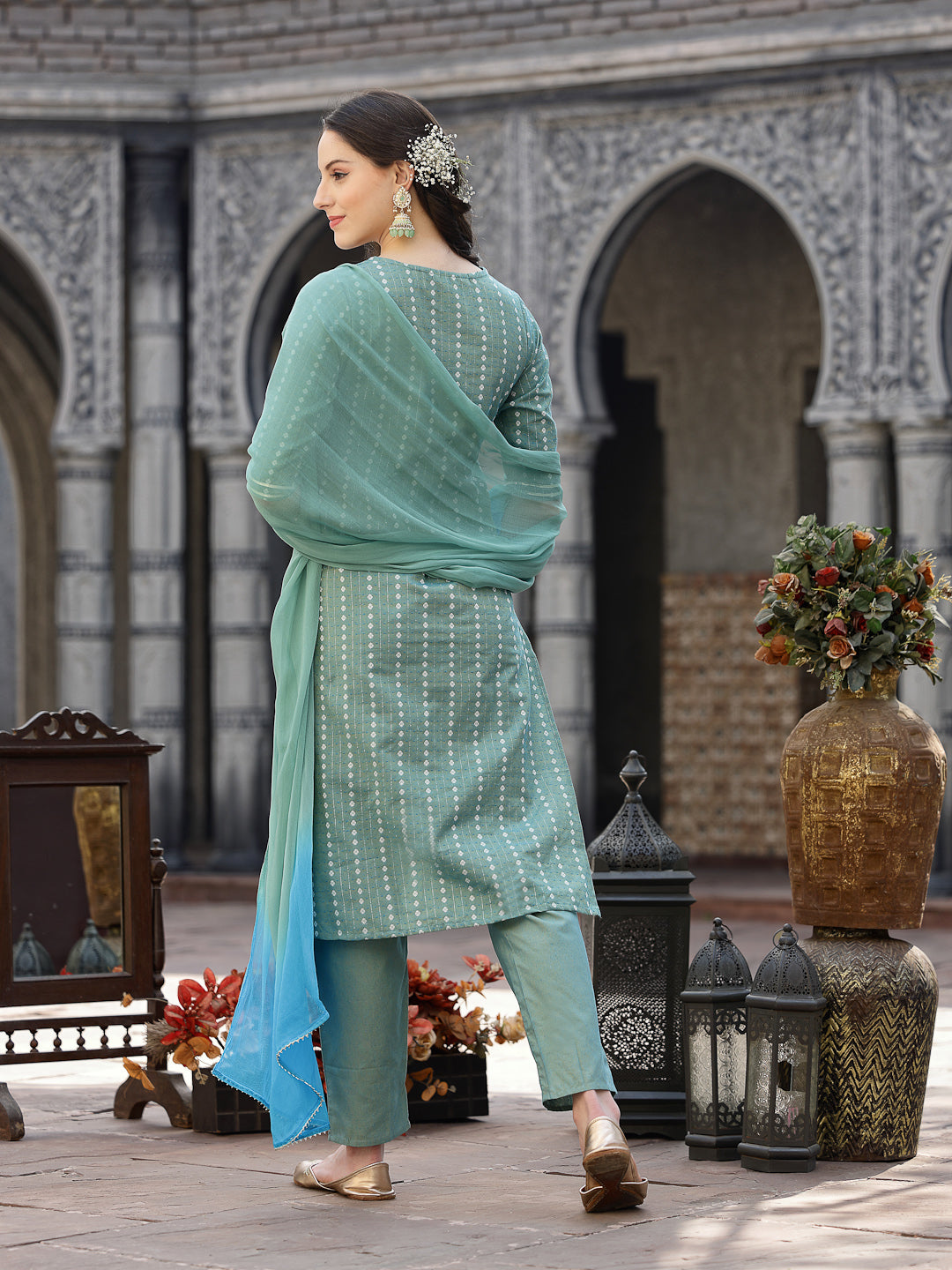 Stylum Women's Woven Design & Embroidered Cotton Blend Straight Kurta with Pant & Dupatta (KPDAQUAFOX)