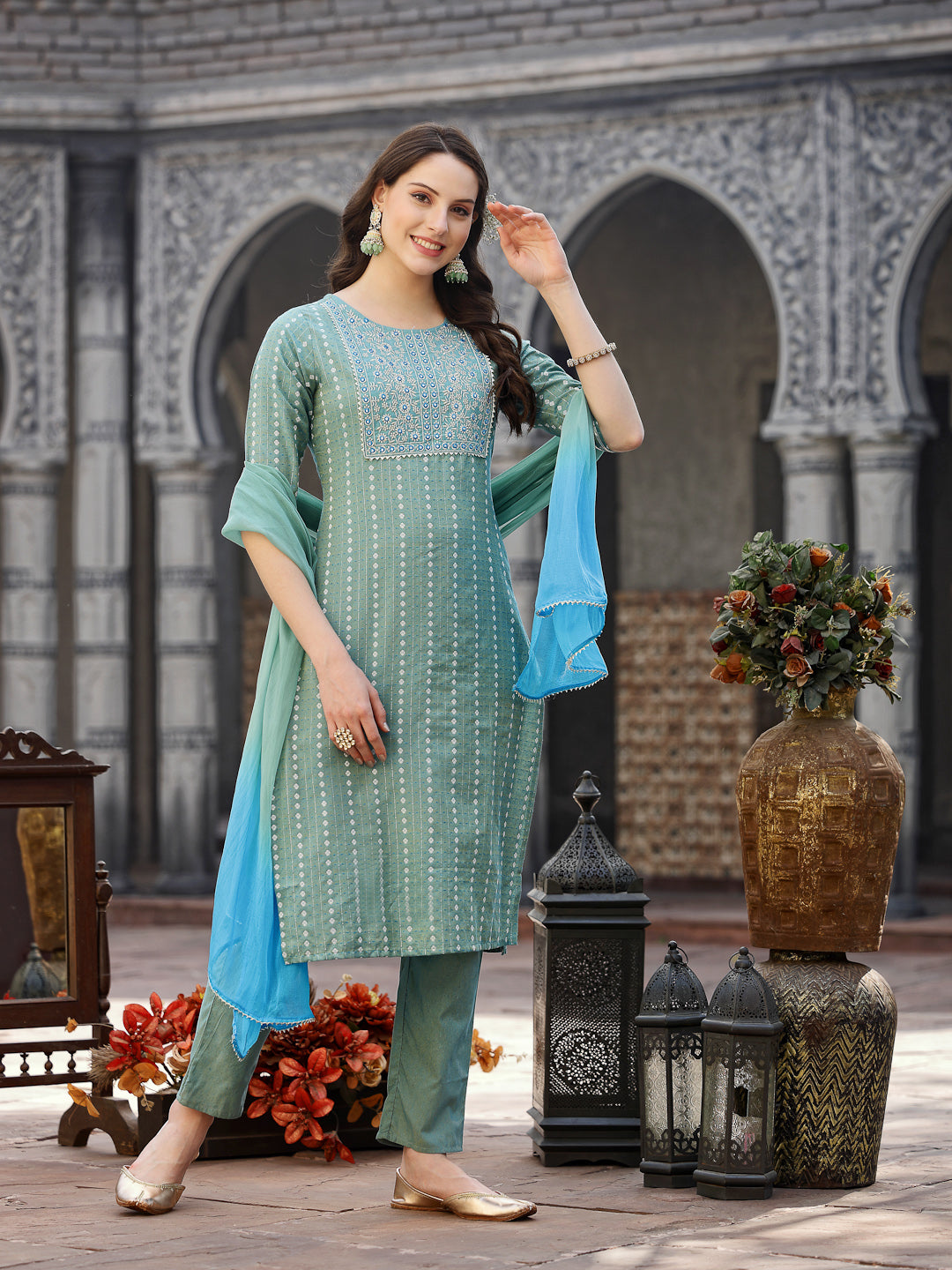 Stylum Women's Woven Design & Embroidered Cotton Blend Straight Kurta with Pant & Dupatta (KPDAQUAFOX)