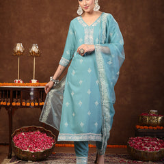 Stylum Women's Aqua Ethnic Motif Khadi Printed & Embroidered Rayon Straight Kurta Pant Dupatta Set (KPDAQUAGAJEEBO)