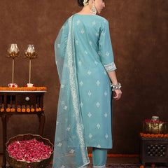 Stylum Women's Aqua Ethnic Motif Khadi Printed & Embroidered Rayon Straight Kurta Pant Dupatta Set (KPDAQUAGAJEEBO)