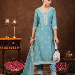 Stylum Women's Aqua Ethnic Motif Khadi Printed & Embroidered Rayon Straight Kurta Pant Dupatta Set (KPDAQUAGAJEEBO)