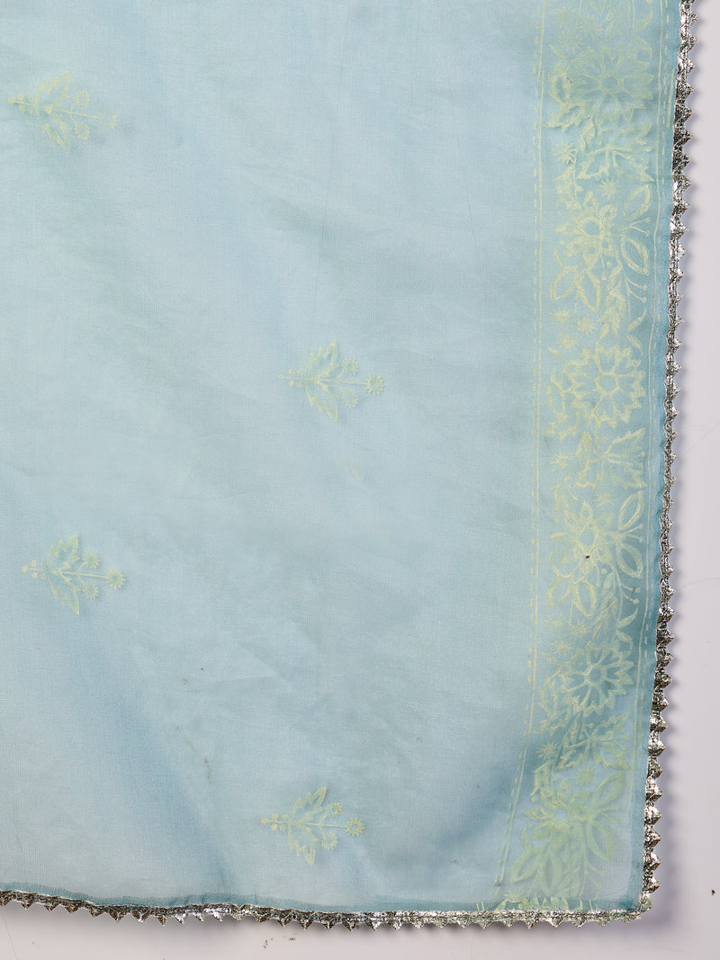 Stylum Women's Aqua Ethnic Motif Khadi Printed & Embroidered Rayon Straight Kurta Pant Dupatta Set (KPDAQUAGAJEEBO)