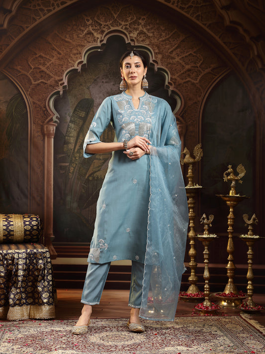 Stylum Women's Aqua Solid & Embroidered Silk Blend Straight Kurta Pant Dupatta Set (KPDAQUAJASSY)