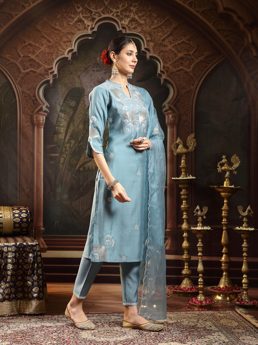 Stylum Women's Aqua Solid & Embroidered Silk Blend Straight Kurta Pant Dupatta Set (KPDAQUAJASSY)