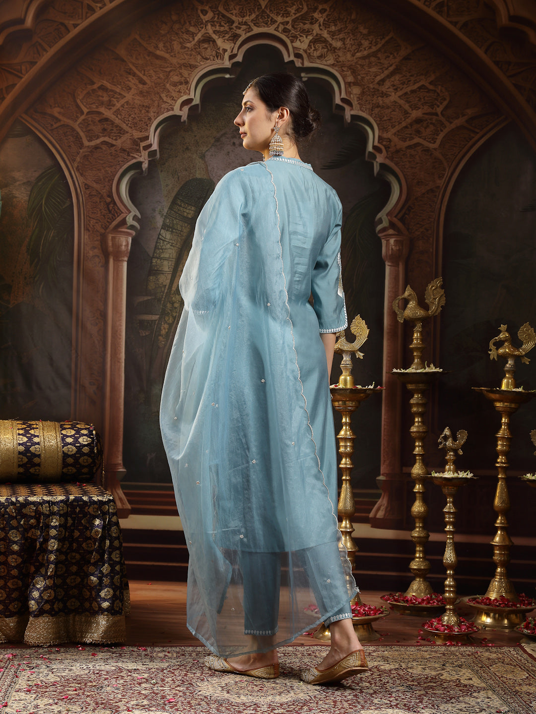 Stylum Women's Aqua Solid & Embroidered Silk Blend Straight Kurta Pant Dupatta Set (KPDAQUAJASSY)
