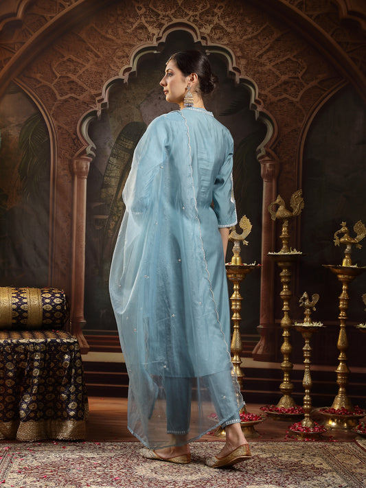 Stylum Women's Aqua Solid & Embroidered Silk Blend Straight Kurta Pant Dupatta Set (KPDAQUAJASSY)