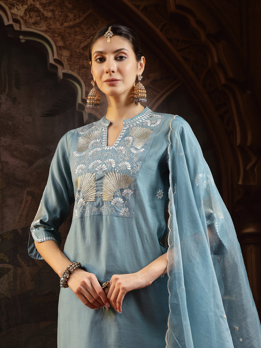 Stylum Women's Aqua Solid & Embroidered Silk Blend Straight Kurta Pant Dupatta Set (KPDAQUAJASSY)