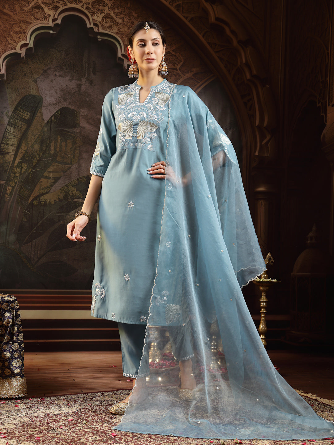 Stylum Women's Aqua Solid & Embroidered Silk Blend Straight Kurta Pant Dupatta Set (KPDAQUAJASSY)