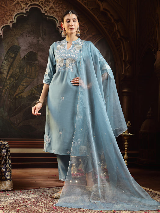 Stylum Women's Aqua Solid & Embroidered Silk Blend Straight Kurta Pant Dupatta Set (KPDAQUAJASSY)