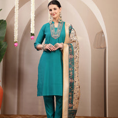 Stylum Women's Aqua Solid & Embroidered Santoon Straight Kurta Pant Dupatta Set (KPDAQUANURA)