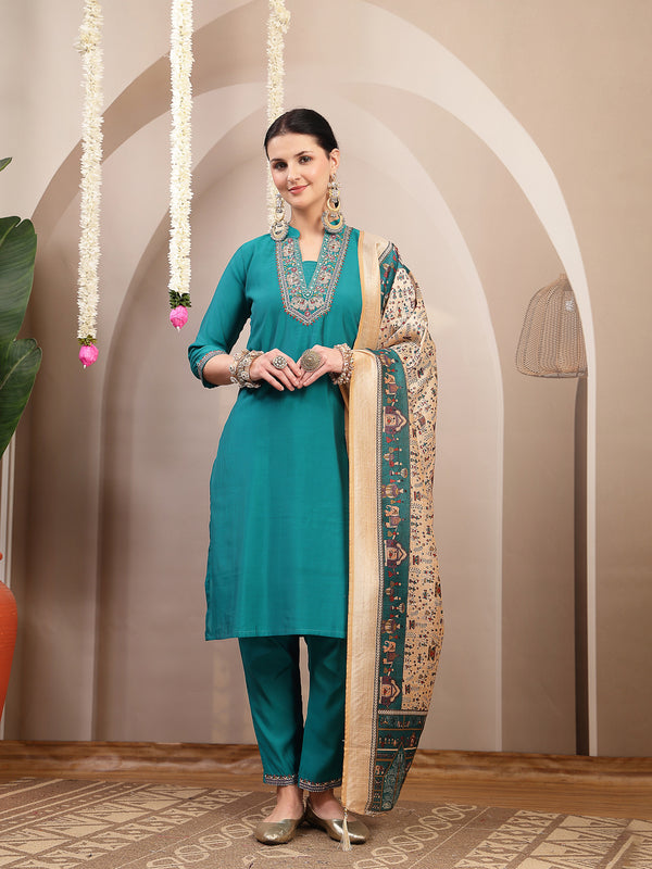 Stylum Women's Aqua Solid & Embroidered Santoon Straight Kurta Pant Dupatta Set (KPDAQUANURA)