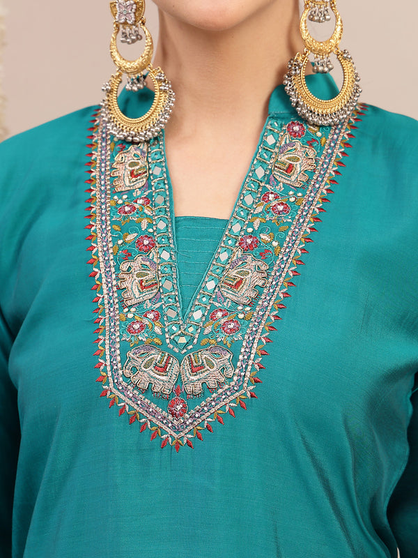 Stylum Women's Aqua Solid & Embroidered Santoon Straight Kurta Pant Dupatta Set (KPDAQUANURA)