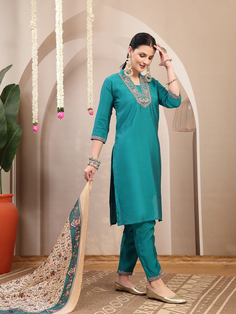 Stylum Women's Aqua Solid & Embroidered Santoon Straight Kurta Pant Dupatta Set (KPDAQUANURA)