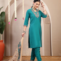 Stylum Women's Aqua Solid & Embroidered Santoon Straight Kurta Pant Dupatta Set (KPDAQUANURA)