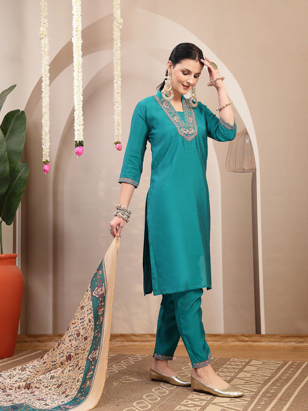 Stylum Women's Aqua Solid & Embroidered Santoon Straight Kurta Pant Dupatta Set (KPDAQUANURA)