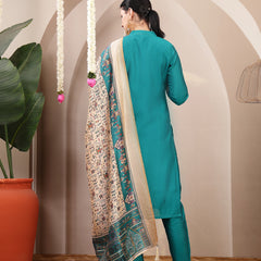 Stylum Women's Aqua Solid & Embroidered Santoon Straight Kurta Pant Dupatta Set (KPDAQUANURA)