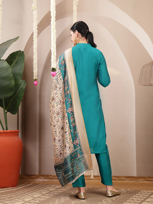 Stylum Women's Aqua Solid & Embroidered Santoon Straight Kurta Pant Dupatta Set (KPDAQUANURA)
