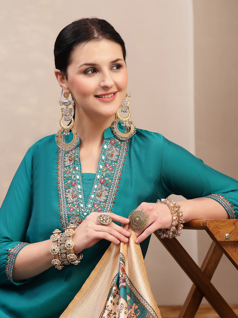 Stylum Women's Aqua Solid & Embroidered Santoon Straight Kurta Pant Dupatta Set (KPDAQUANURA)