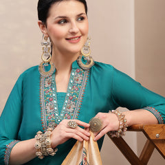Stylum Women's Aqua Solid & Embroidered Santoon Straight Kurta Pant Dupatta Set (KPDAQUANURA)