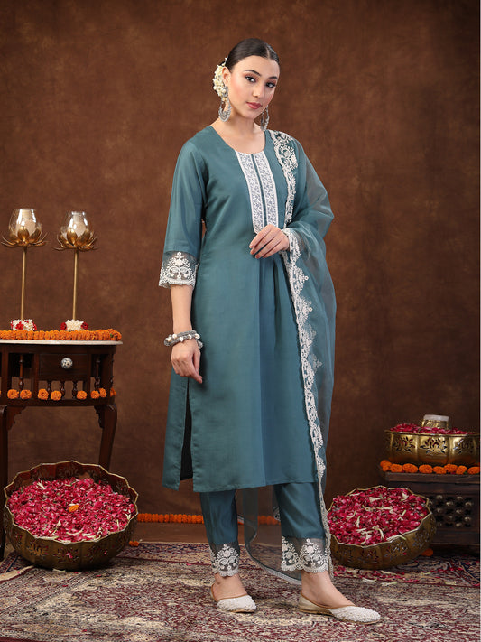 Stylum Women's Aqua Embroidered Silk Blend Straight Kurta Pant Dupatta Set (KPDAQUARAJNI)