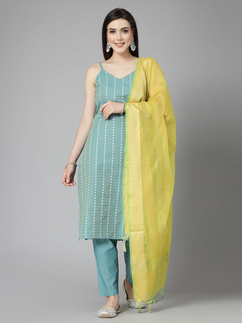Stylum Women's Woven Designed Cotton Blend Straight Kurta Pant Dupatta Set (KPDAQUATIMMER)