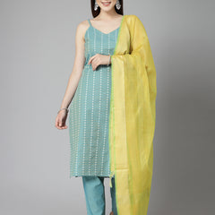 Stylum Women's Woven Designed Cotton Blend Straight Kurta Pant Dupatta Set (KPDAQUATIMMER)