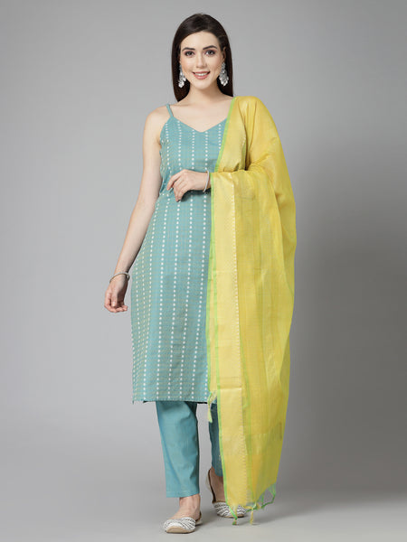 Stylum Women's Woven Designed Cotton Blend Straight Kurta Pant Dupatta Set (KPDAQUATIMMER)