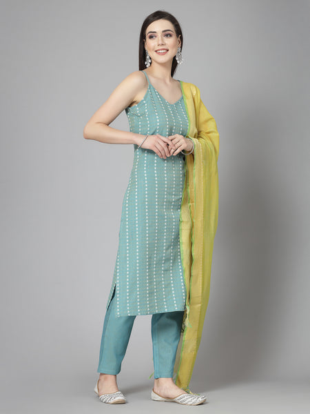 Stylum Women's Woven Designed Cotton Blend Straight Kurta Pant Dupatta Set (KPDAQUATIMMER)