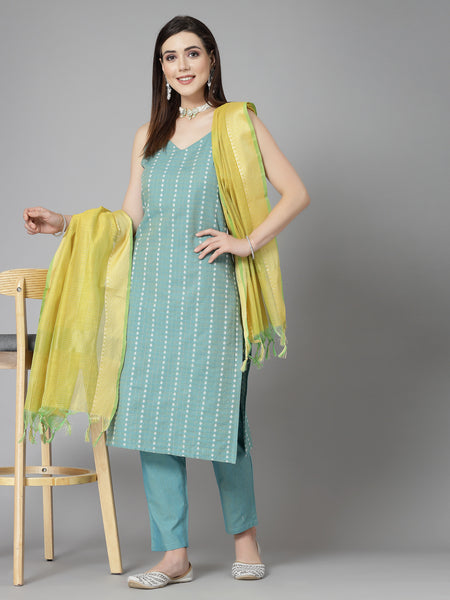 Stylum Women's Woven Designed Cotton Blend Straight Kurta Pant Dupatta Set (KPDAQUATIMMER)