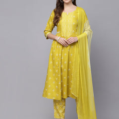 Floral Printed Rayon Kurta Pant Dupatta Set
