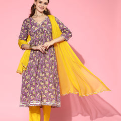 Purple Naira Cut Kurta Pant Dupatta Set