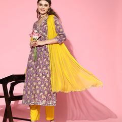 Purple Naira Cut Kurta Pant Dupatta Set