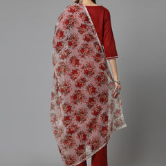Maroon Cotton Blend Straight Kurta Pant Dupatta Set