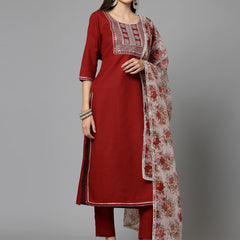 Maroon Cotton Blend Straight Kurta Pant Dupatta Set