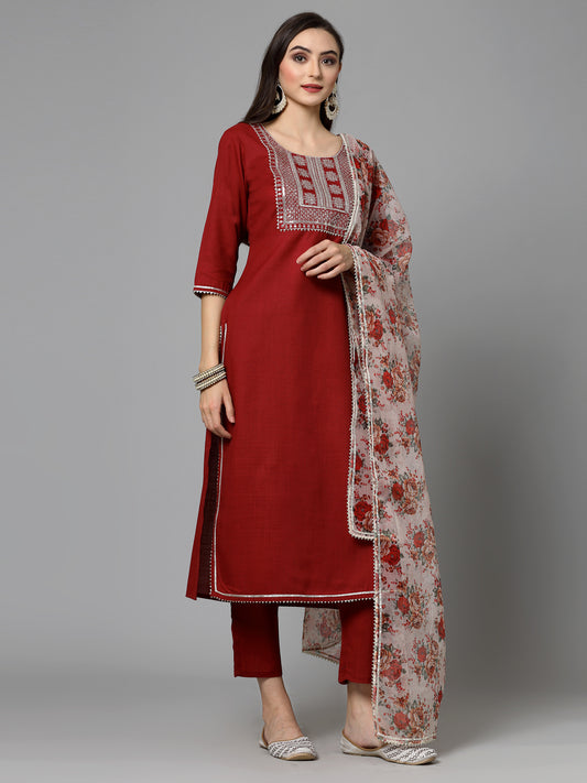 Maroon Cotton Blend Straight Kurta Pant Dupatta Set