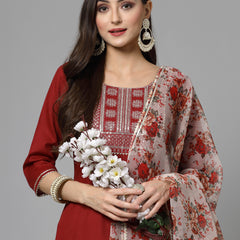 Maroon Cotton Blend Straight Kurta Pant Dupatta Set