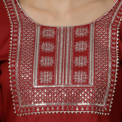 Maroon Cotton Blend Straight Kurta Pant Dupatta Set