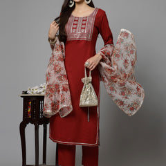 Maroon Cotton Blend Straight Kurta Pant Dupatta Set