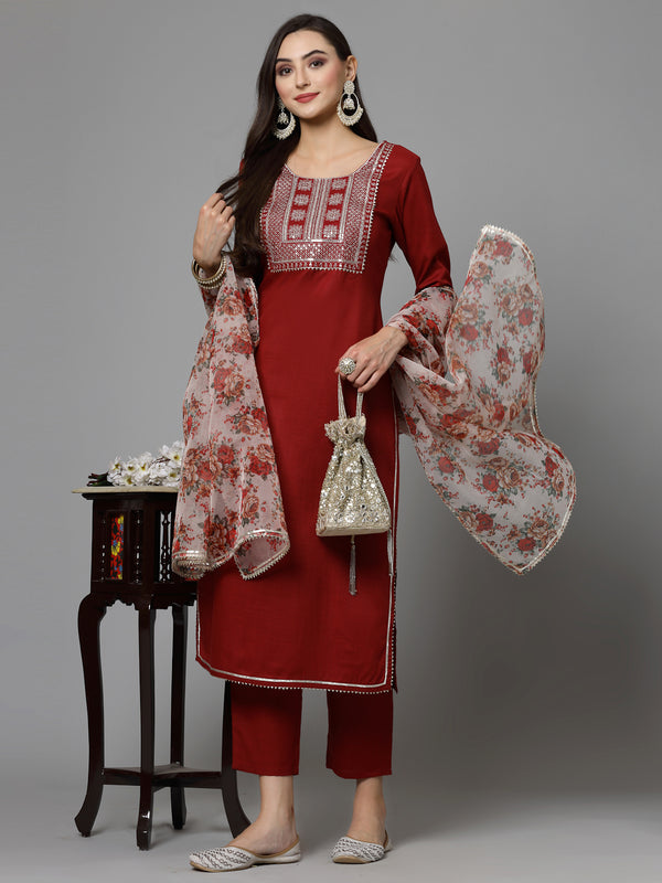 Maroon Cotton Blend Straight Kurta Pant Dupatta Set