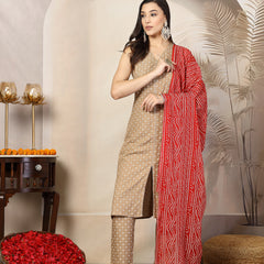 Stylum Women's Beige Gold Printed Rayon A-Line Kurta Pant Dupatta Set (KPDBEIGEBULB)